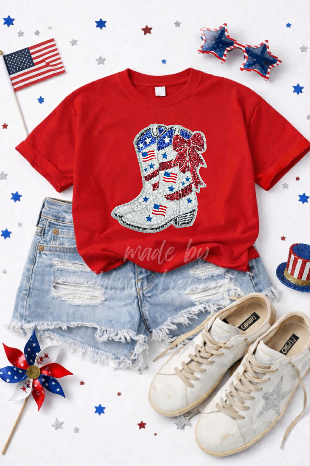 Red White and Blue 4th of July Boots Sequin Patch Tshirt