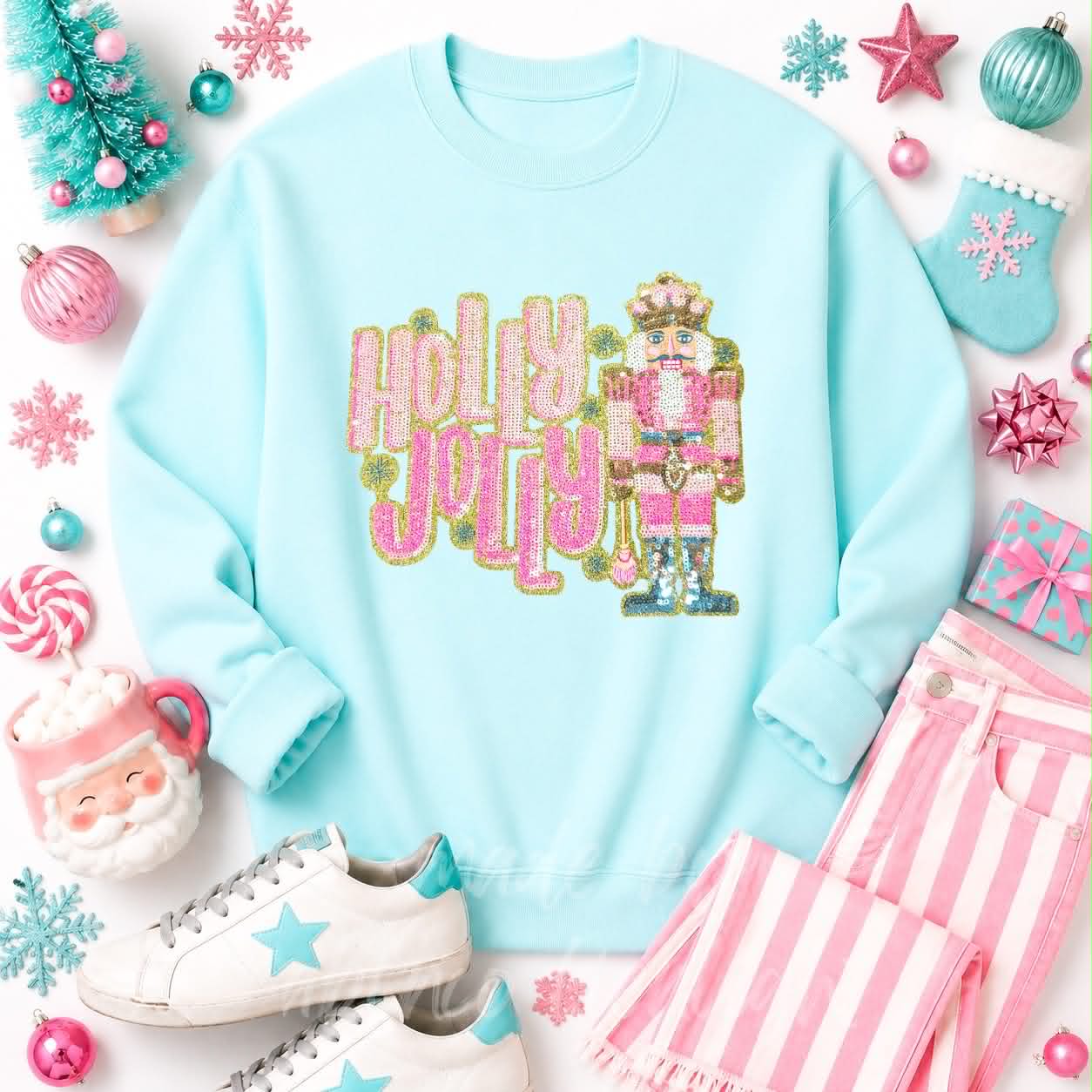 Holly Jolly Nutcracker Christmas Sequin Patch Sweatshirt