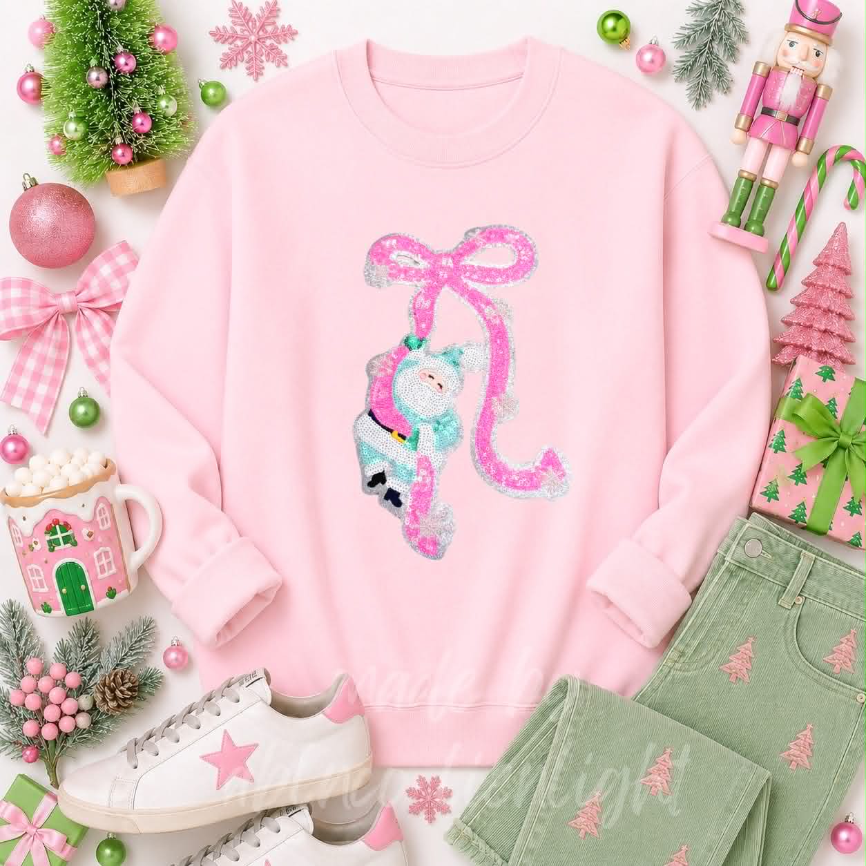 Pink Bow Hanging Santa Christmas Sequin Patch Sweatshirt