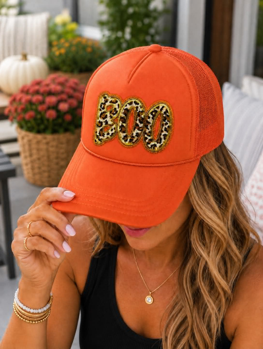 Cheetah Boo Halloween Sequin Patch Otto Trucker Hat