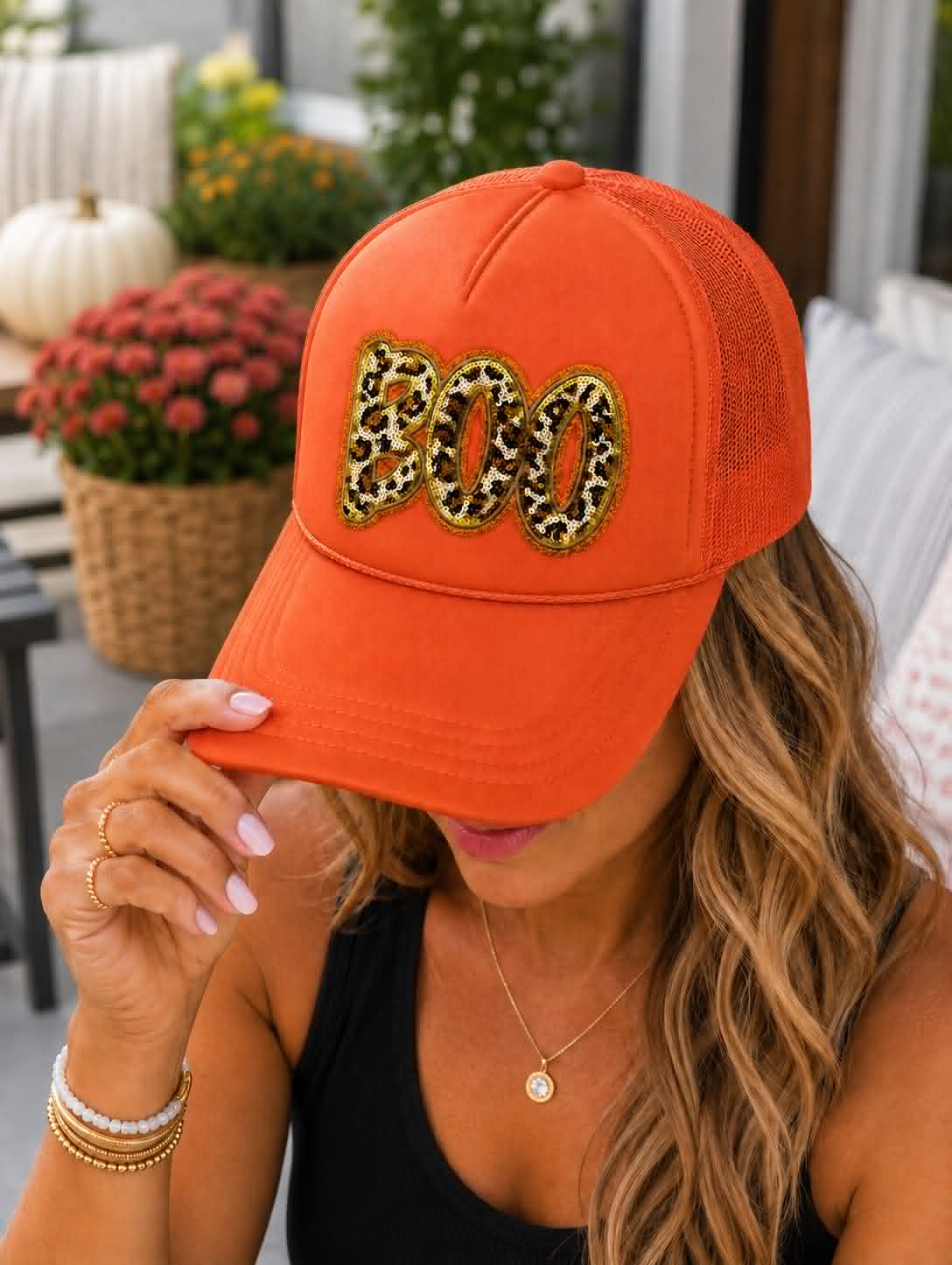 Cheetah Boo Halloween Sequin Patch Otto Trucker Hat