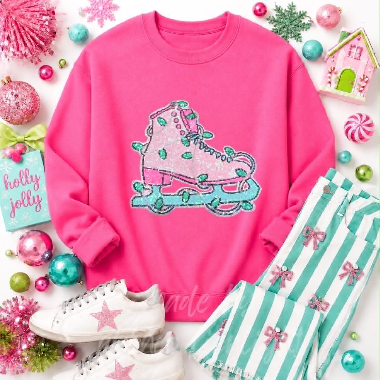 Pink Ice Skate Christmas Sequin Patch Sweatshirt