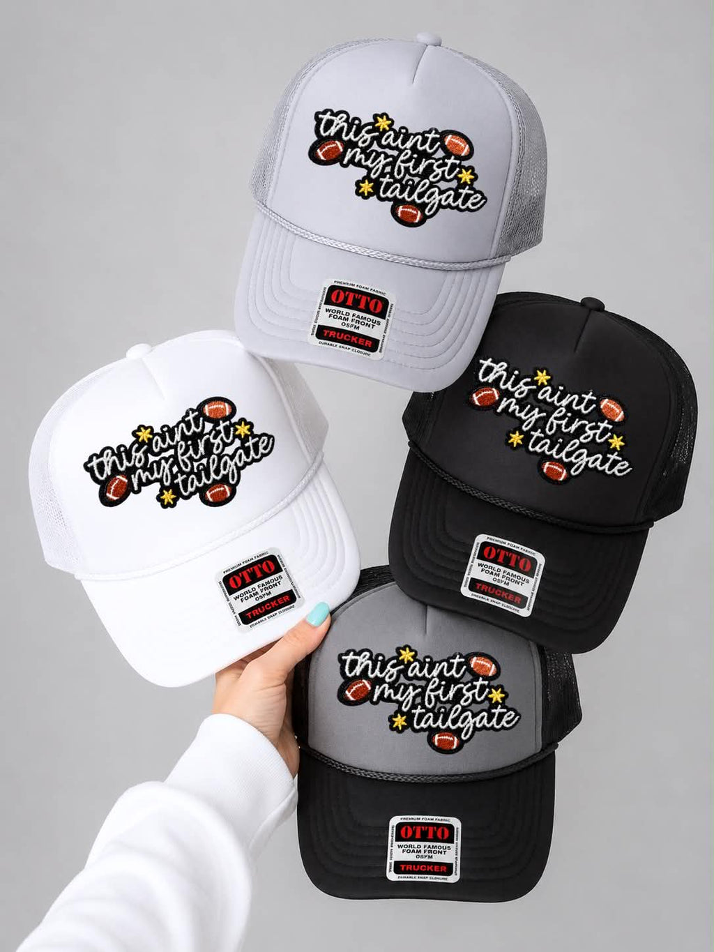 This Ain't My First Tailgate Football Sequin Patch Otto Trucker Hat