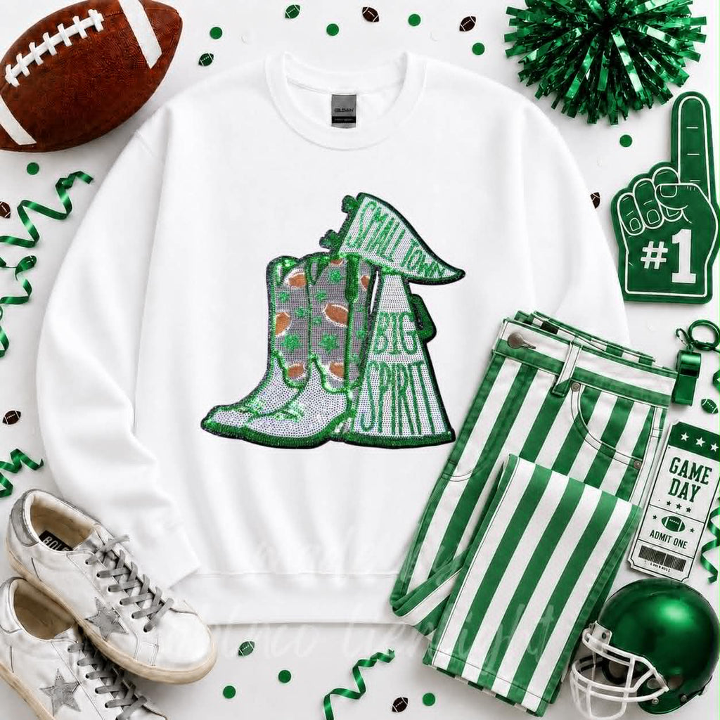 Green Small Town Big Spirit Football Sequin Patch Sweatshirt