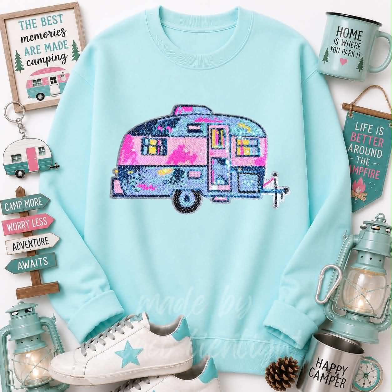 Trailer Camper Camping Pink Sequin Patch Sweatshirt