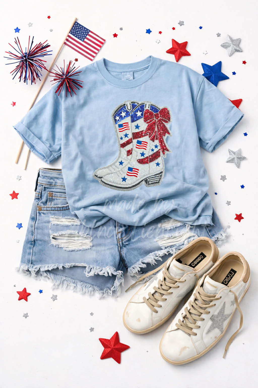 Red White and Blue 4th of July Boots Sequin Patch Tshirt