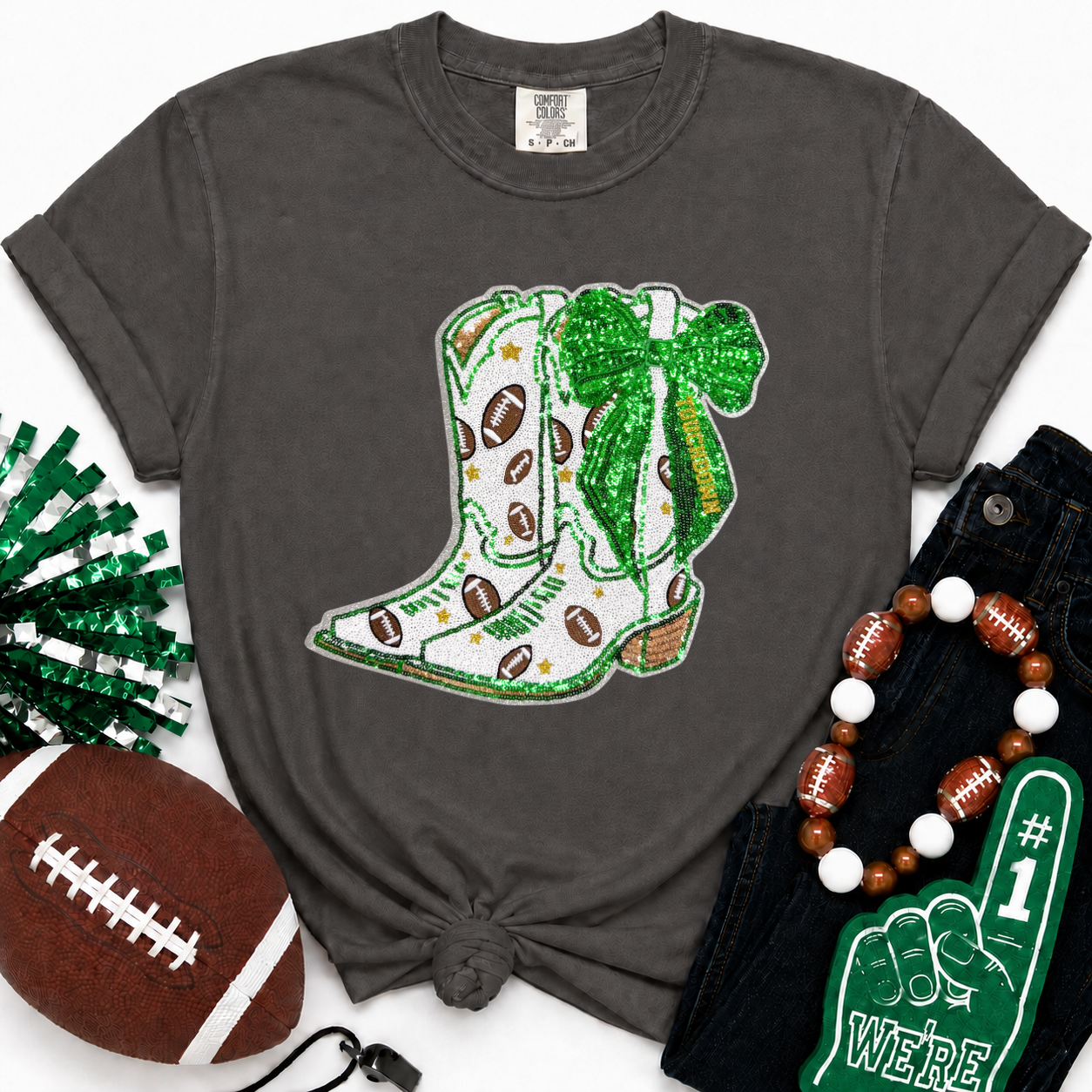Football Touchdown Green Bow Boot Sequin Tshirt