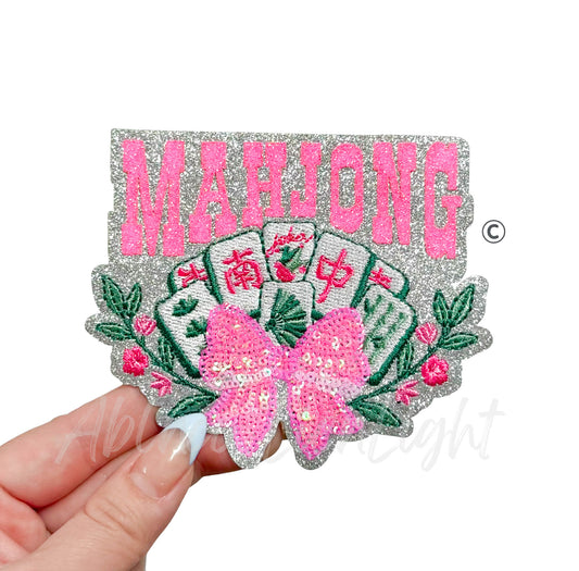 Pink Bow Mahjong Tiles Sequin Patch - Small