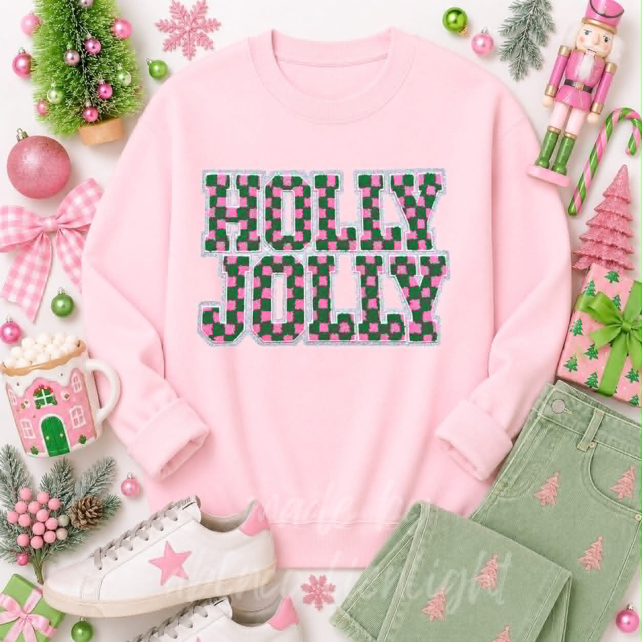 Checkered Holly Jolly Christmas Sequin Patch Sweatshirt