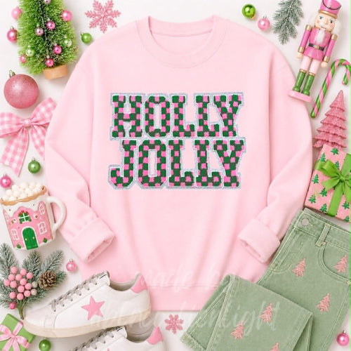 Checkered Holly Jolly Christmas Sequin Patch Sweatshirt