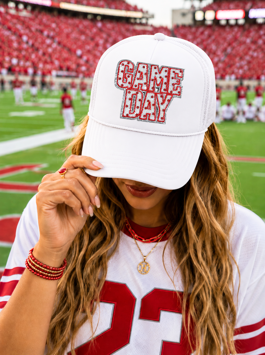 Red Polka Dots Game Day Sequin Patch Otto Trucker Hat