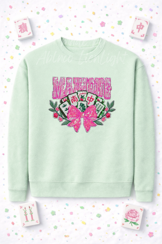 Pink Bow Mahjong Tiles Sequin Patch Sweatshirt