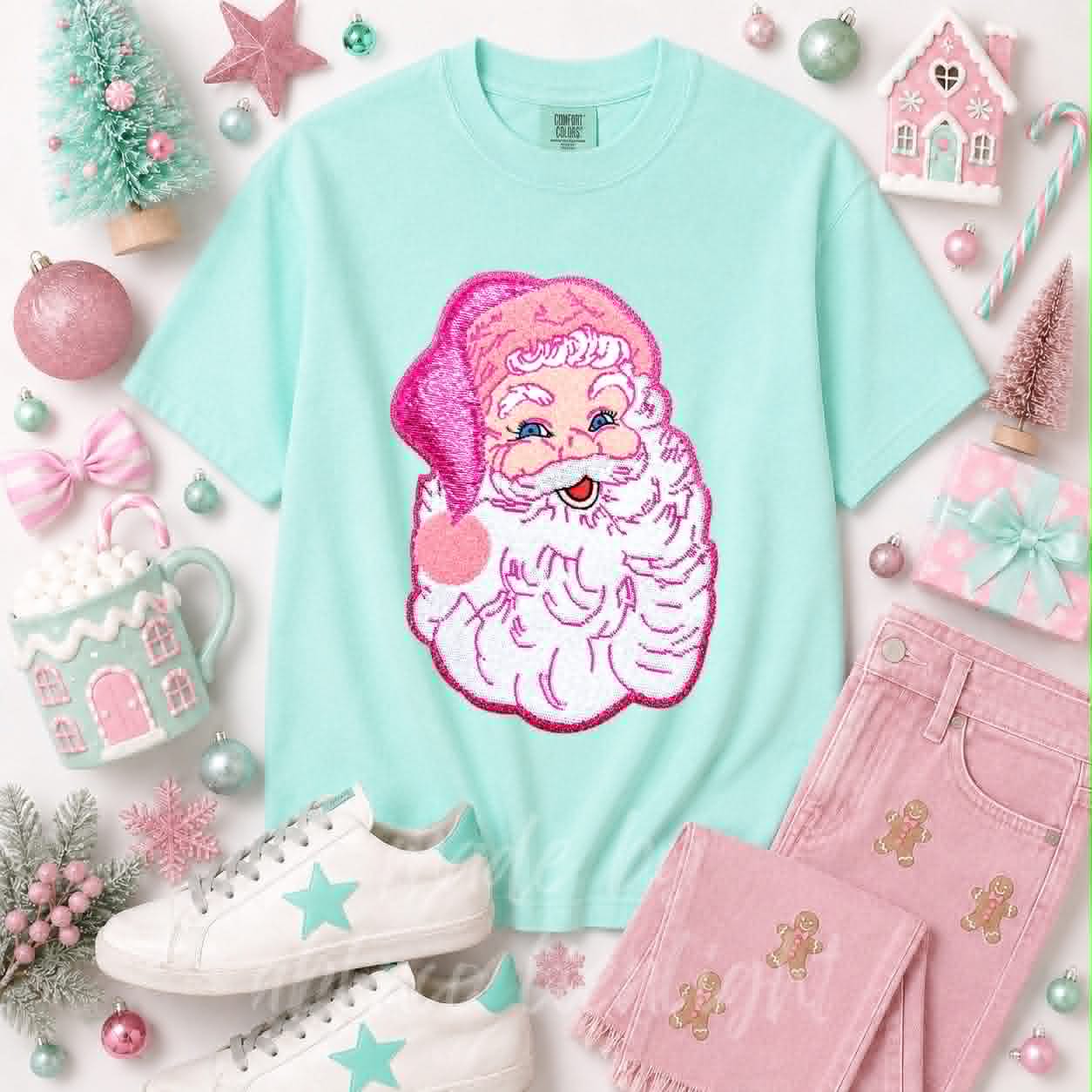 Pink Santa Christmas Sequin Patch Tshirt