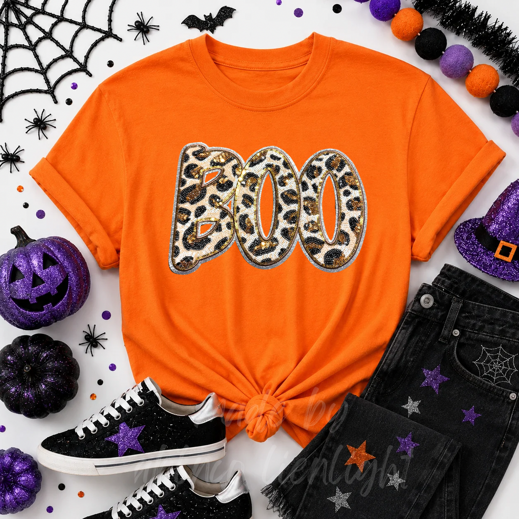Cheetah Print Boo Halloween Sequin Patch Tshirt