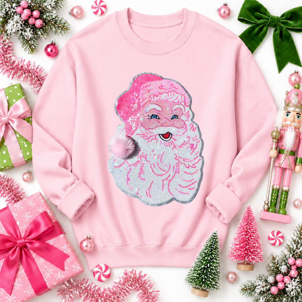 Pink Santa Fuzzy Poof Ball Christmas Sequin Patch Sweatshirt