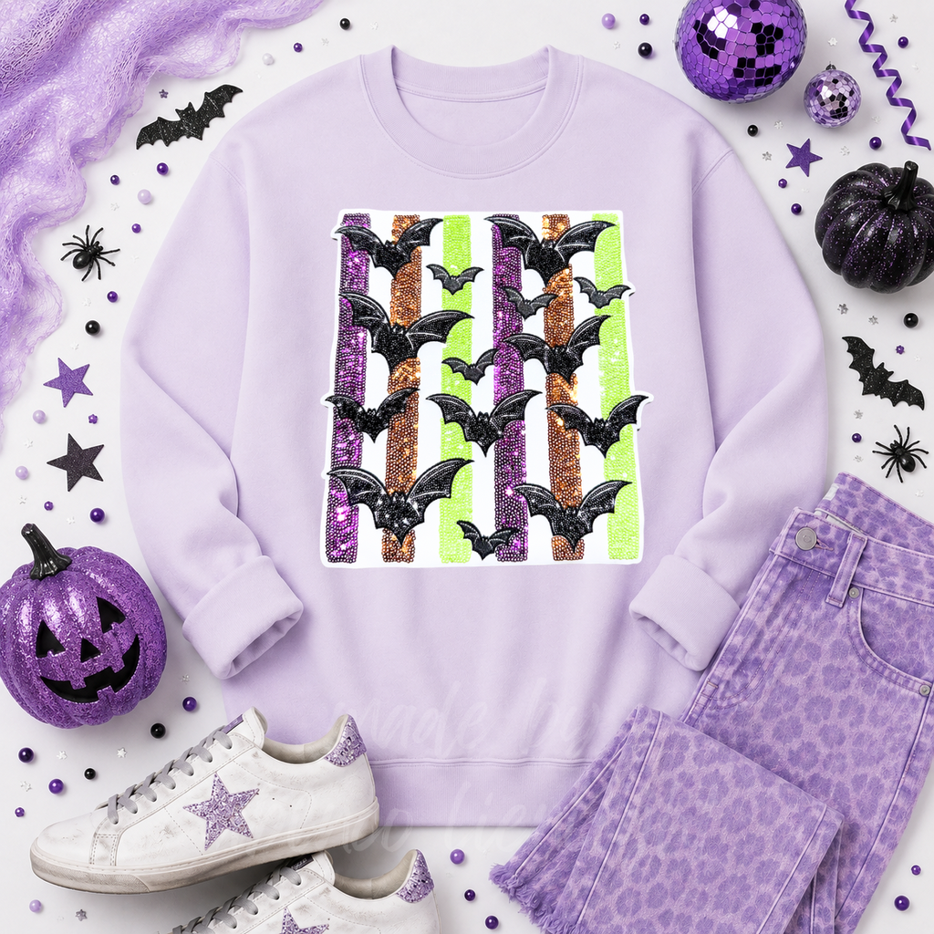 Colorful Striped Bats Halloween Sequin Patch Sweatshirt