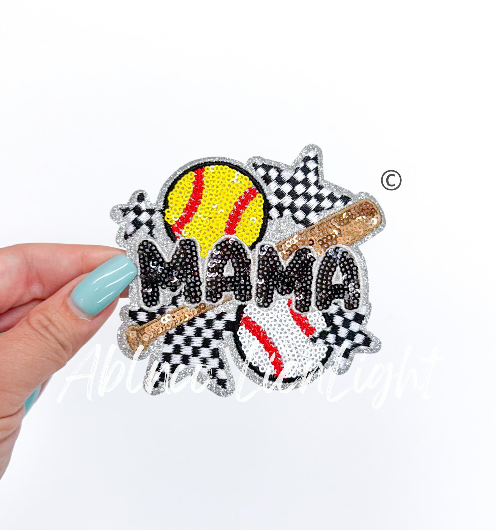 Baseball Softball Mama Checkered Star Sequin Patch - Small