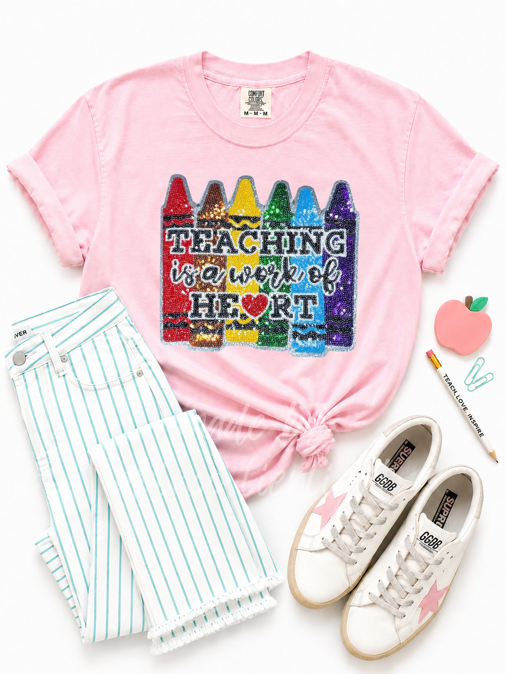 Teaching Is a Work Of Heart Teacher Sequin Patch Tshirt