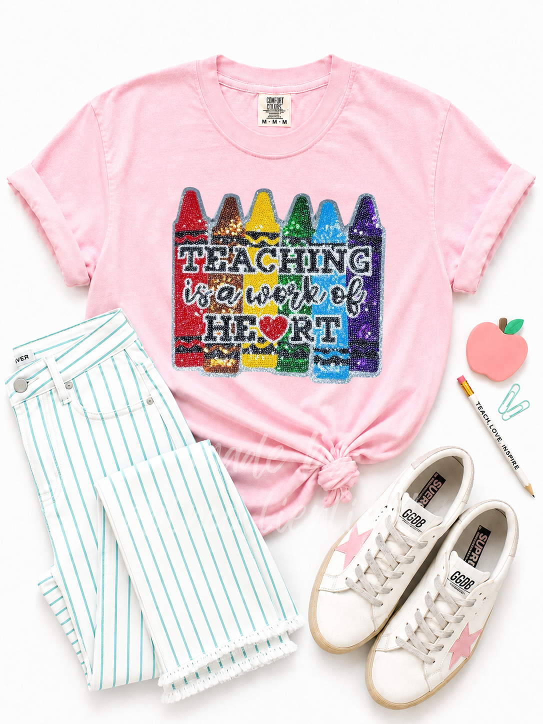 Teaching Is a Work Of Heart Teacher Sequin Patch Tshirt