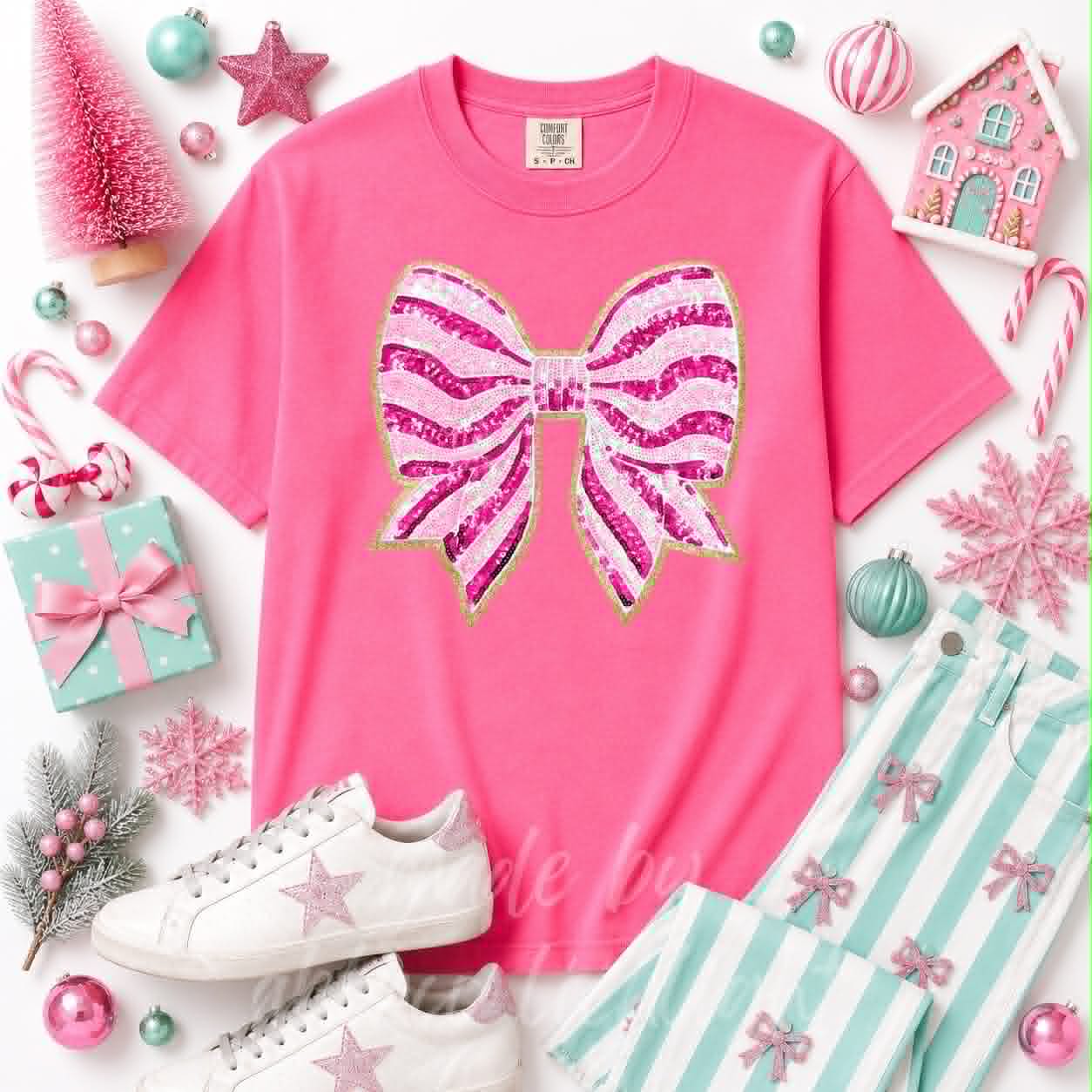Pink Stripe Bow Christmas Sequin Patch Tshirt