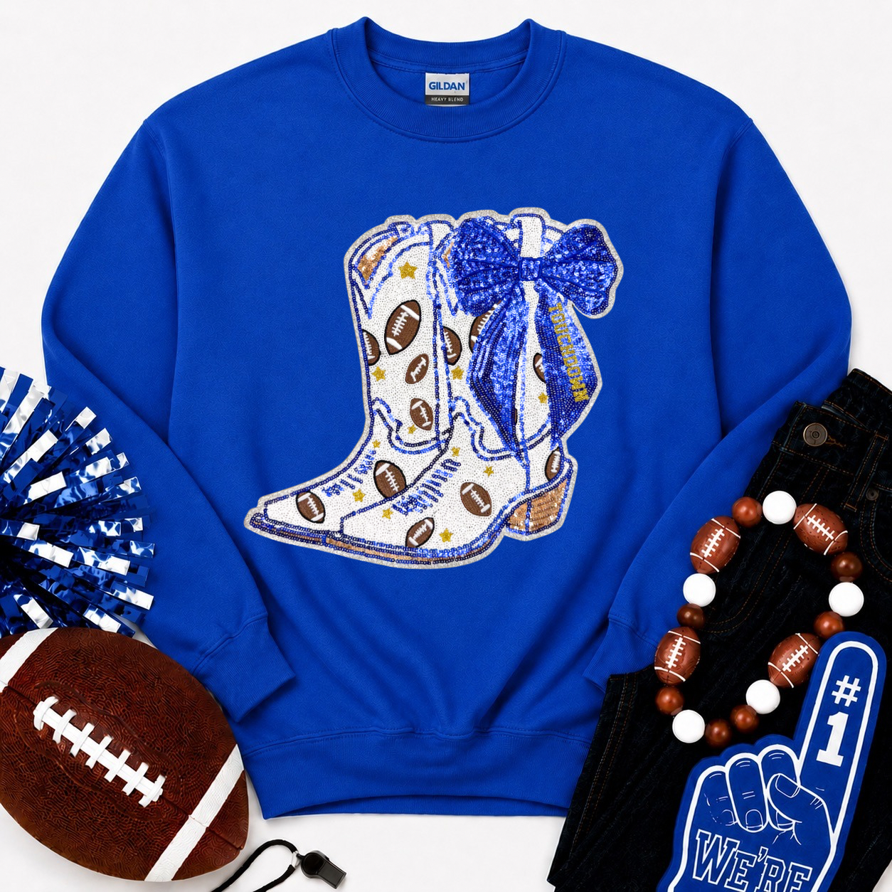 Football Touchdown Royal Blue Bow Boot Sequin Sweatshirt