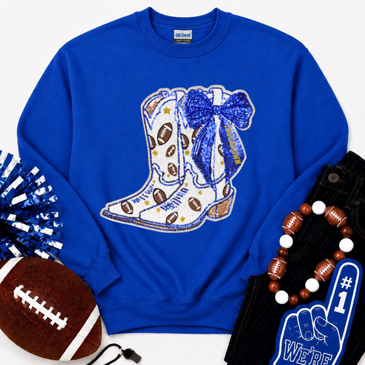 Football Touchdown Royal Blue Bow Boot Sequin Sweatshirt