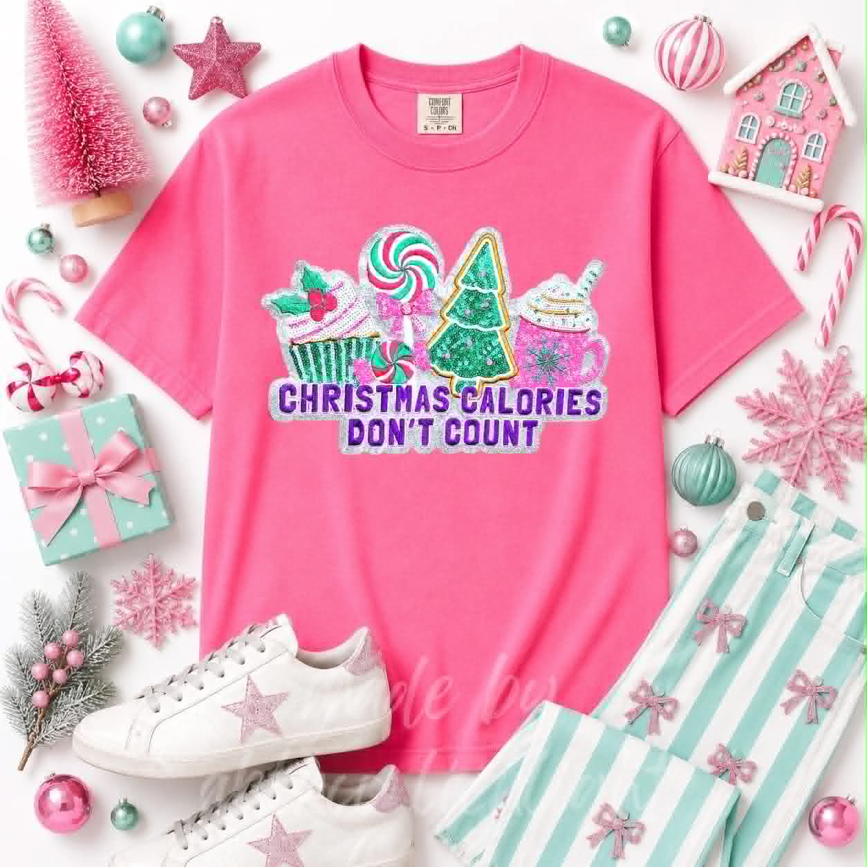 Christmas Calories Don't Count Christmas Sequin Patch Tshirt