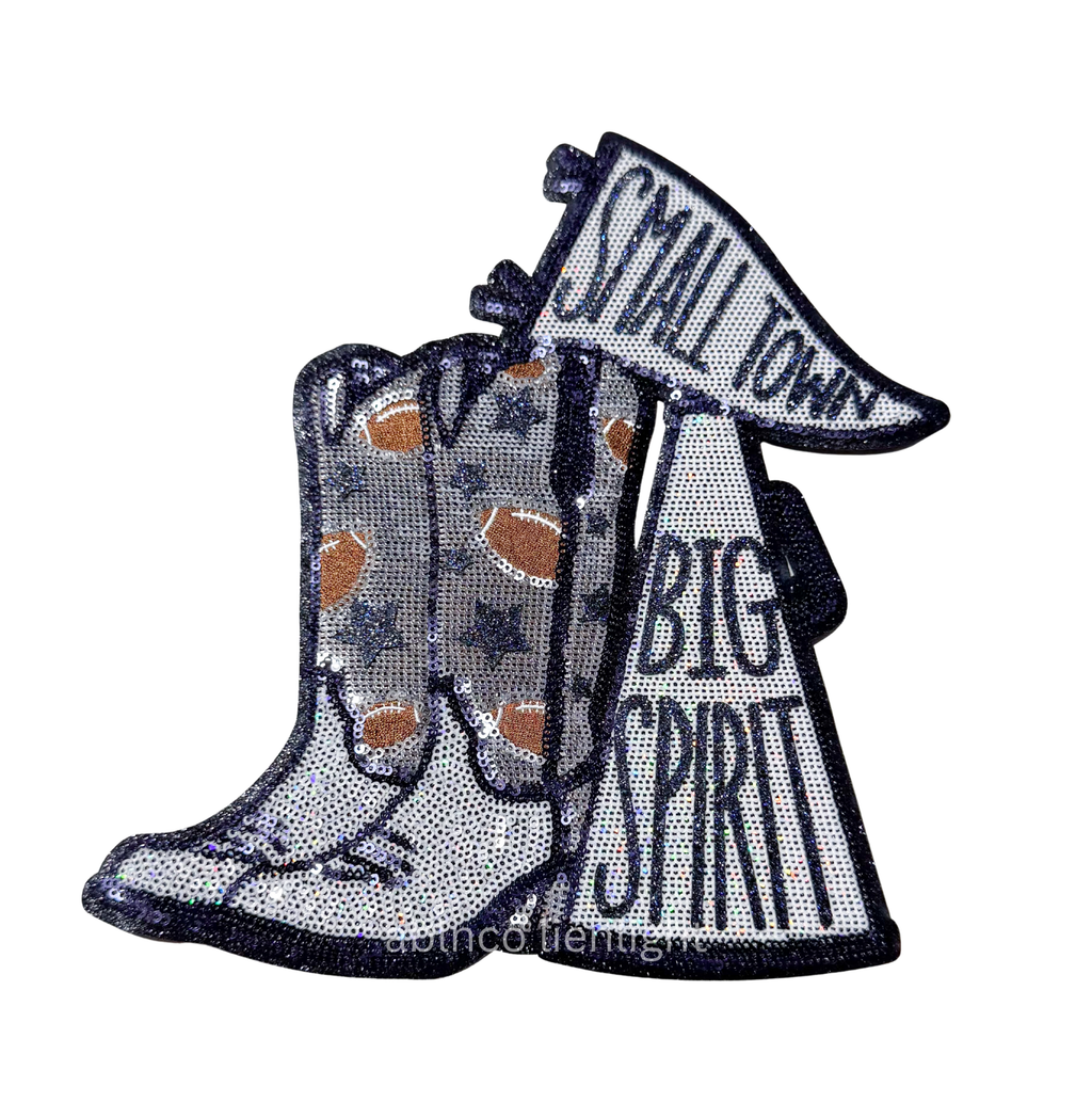 Navy Blue Small Town Big Spirit Football Sequin Patch - Large