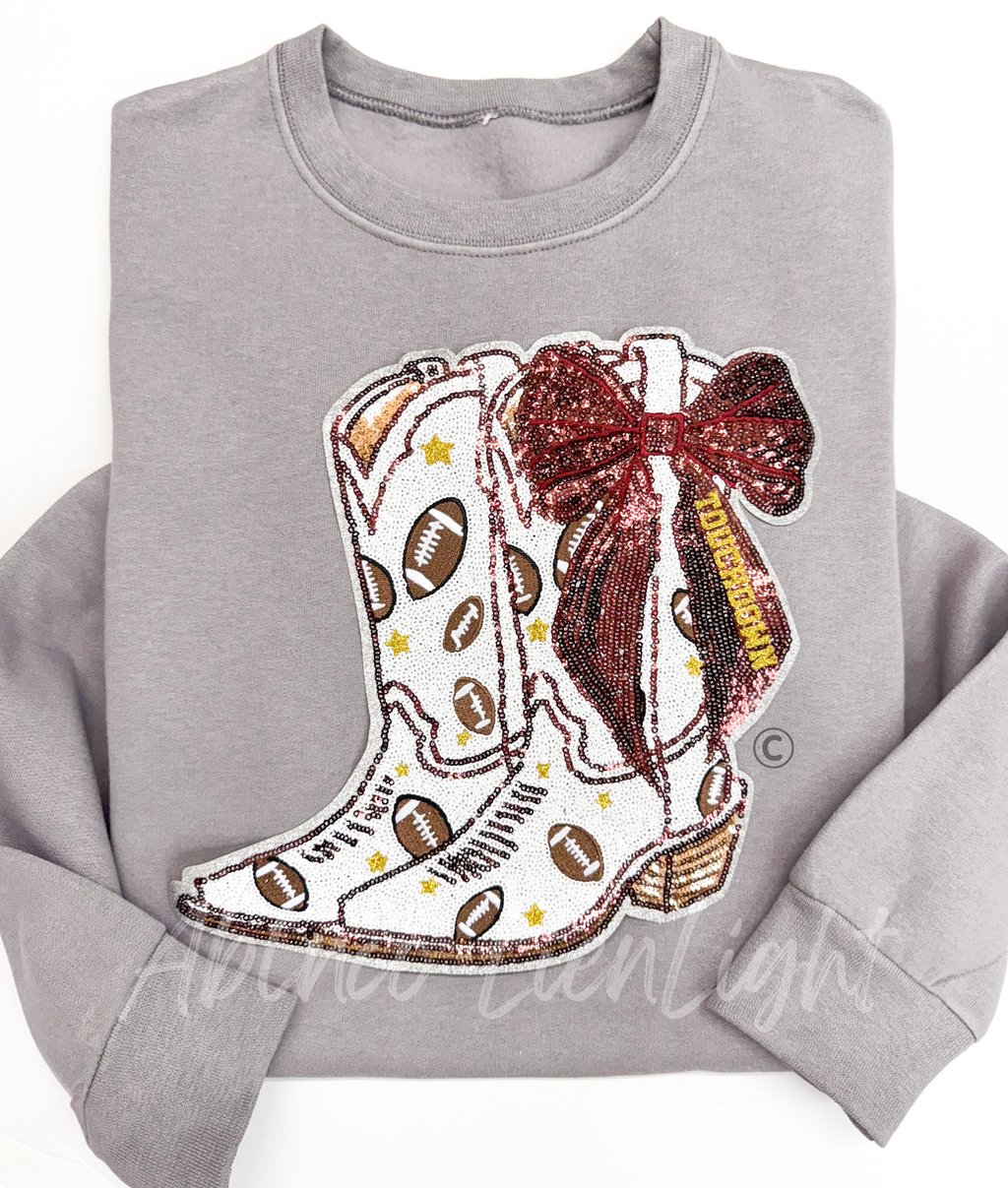 Maroon Bow Boot Touchdown Football Sequin Patch - Large