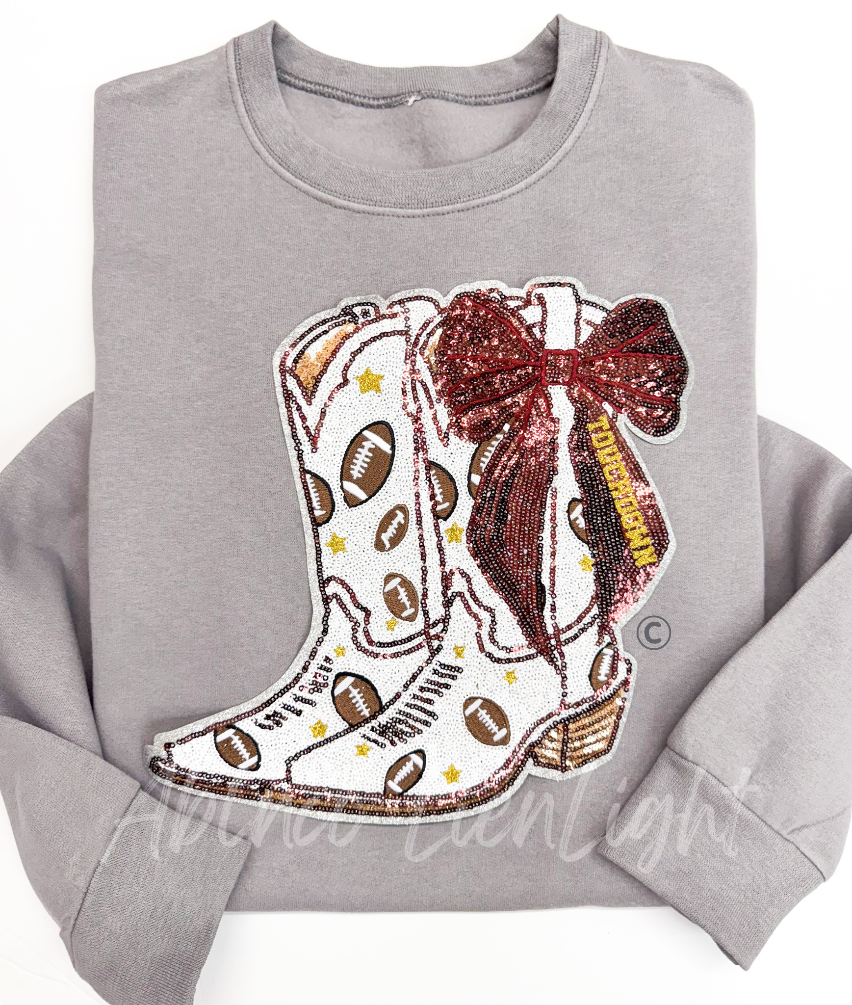 Maroon Bow Boot Touchdown Football Sequin Patch - Large