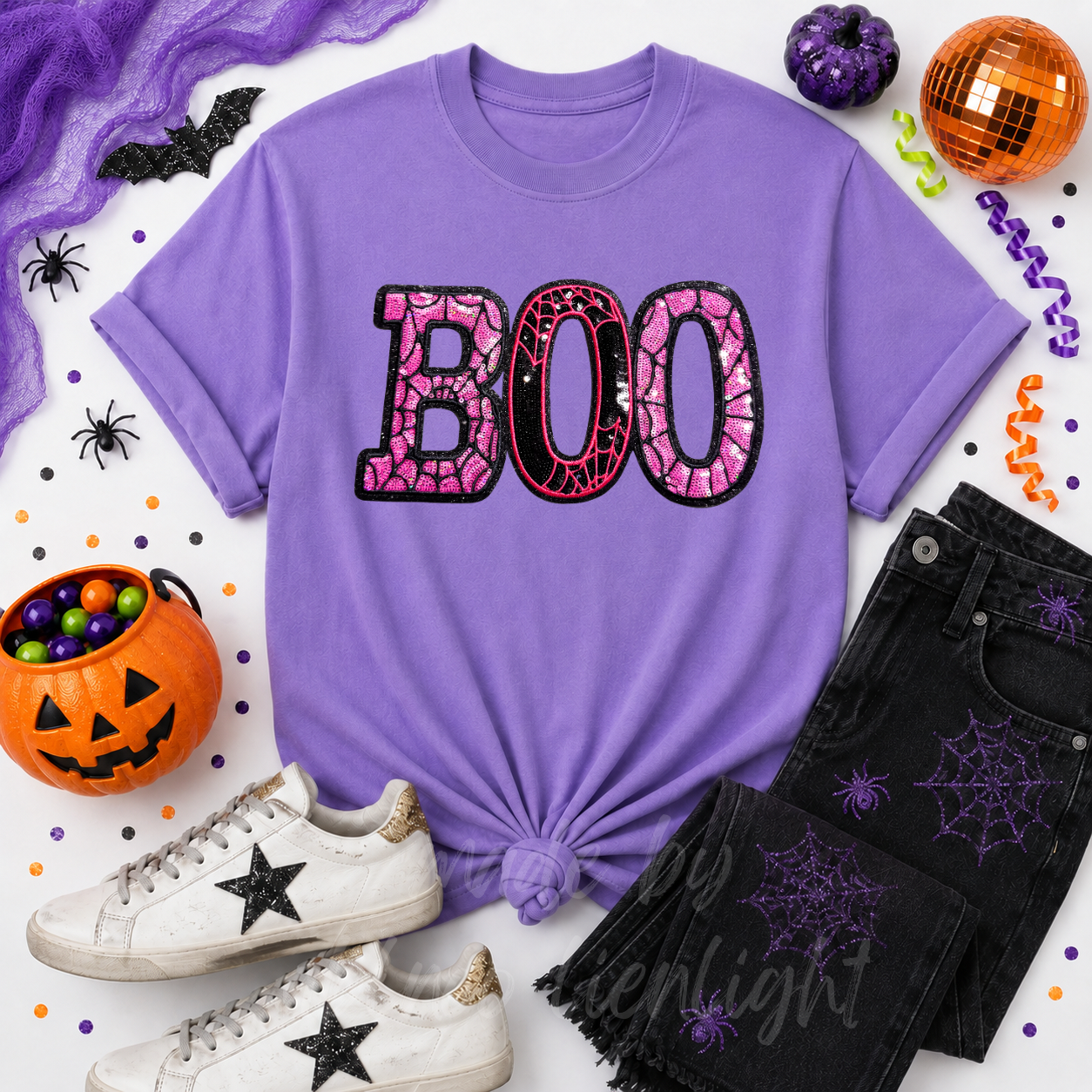 Pink Spider Web Boo Halloween Sequin Patch Tshirt