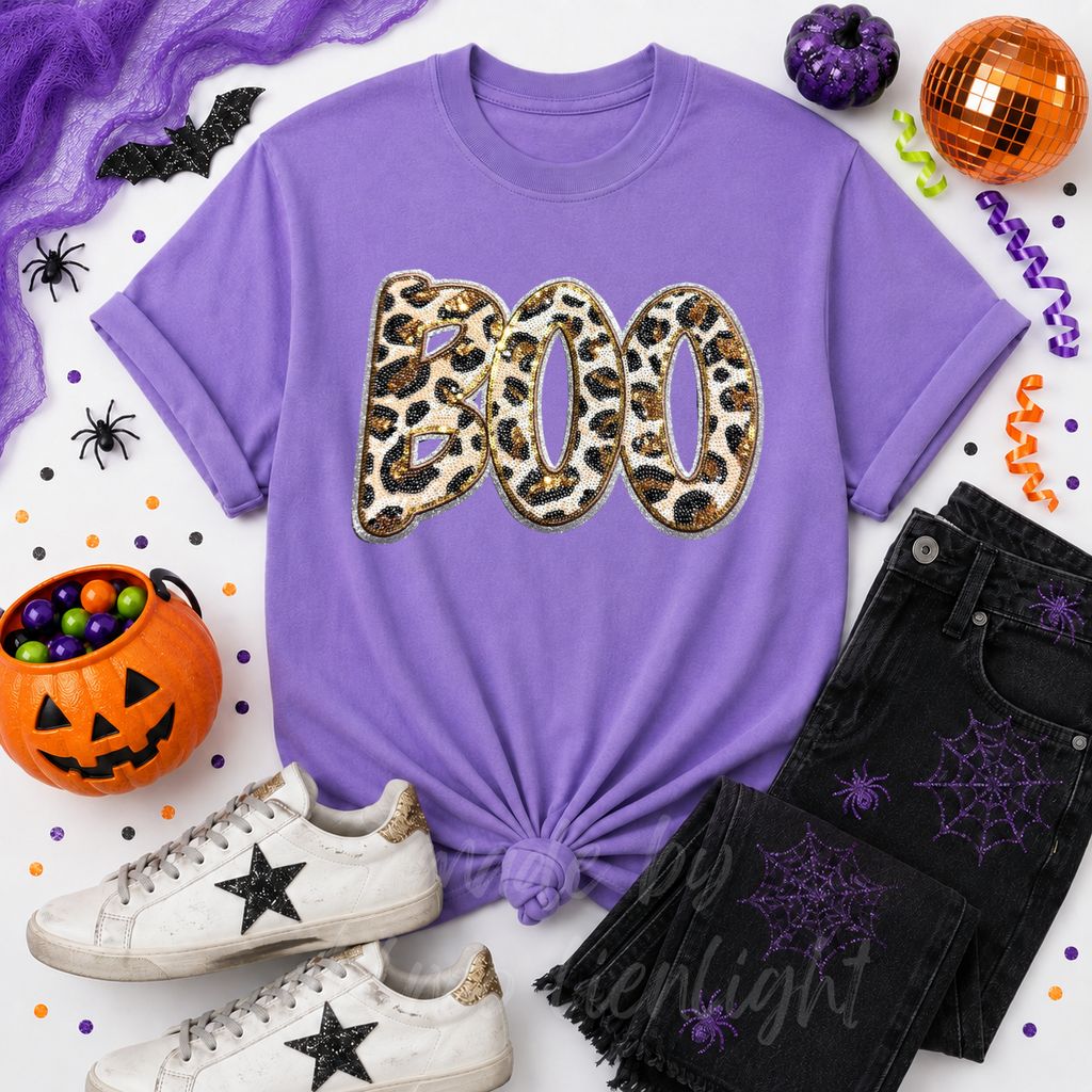 Cheetah Print Boo Halloween Sequin Patch Tshirt