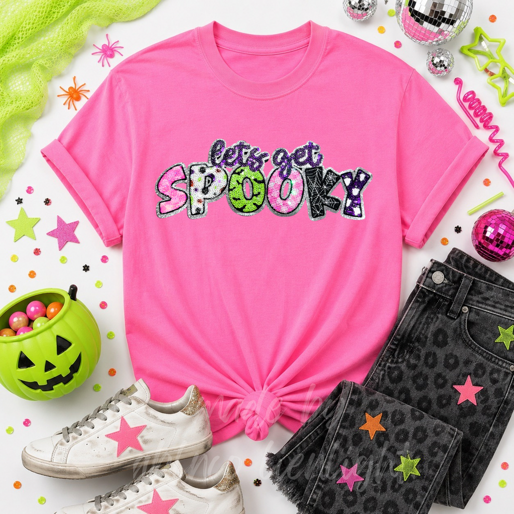 Lets Get Spooky Halloween Sequin Patch Tshirt