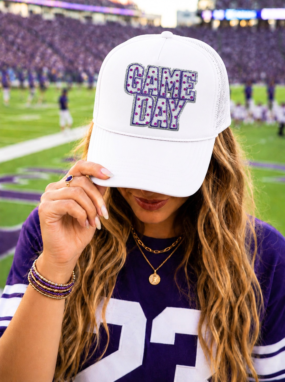 Purple Polka Dots Game Day Sequin Patch Otto Trucker Hat