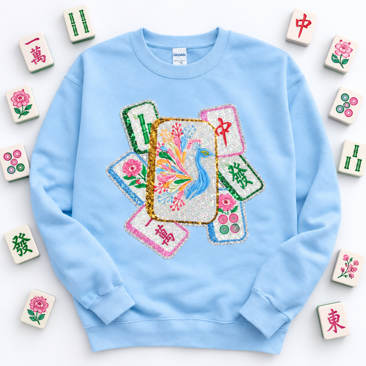 Mahjong Bird Game Tiles Sequin Patch Sweatshirt