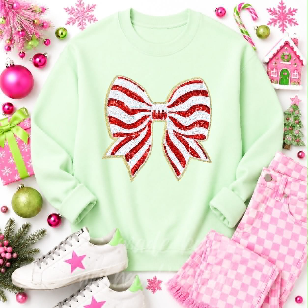 Red Stripe Bow Christmas Sequin Patch Sweatshirt