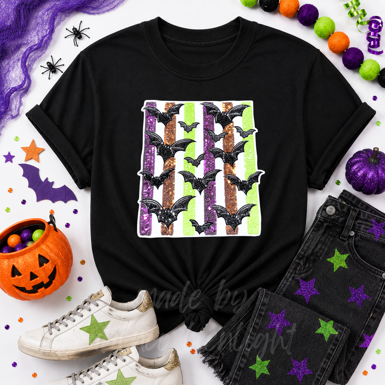 Colorful Striped Bats Halloween Sequin Patch Tshirt