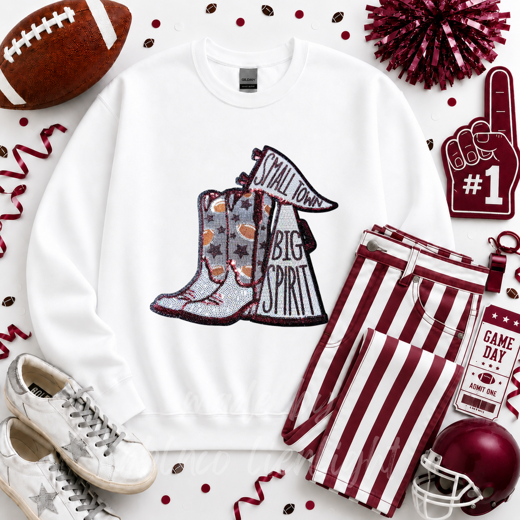 Maroon Small Town Big Spirit Football Sequin Patch - Large