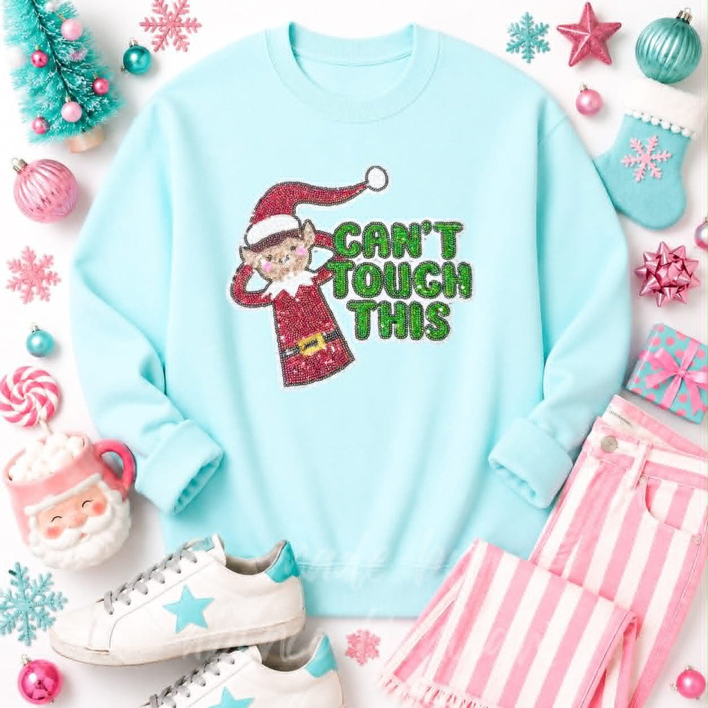 Can't Touch This Elf Christmas Sequin Patch Sweatshirt