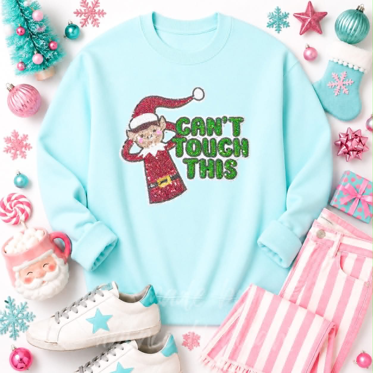 Can't Touch This Elf Christmas Sequin Patch Sweatshirt