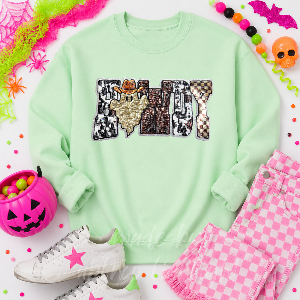 Cow Print Ghost Howdy Halloween Sequin Patch Sweatshirt