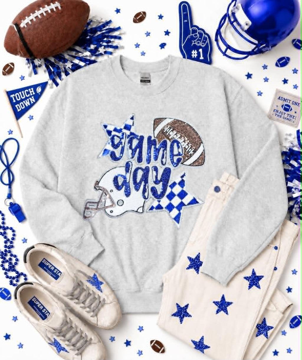 Royal Blue Game Day Checkered Football Sequin Patch Sweatshirt