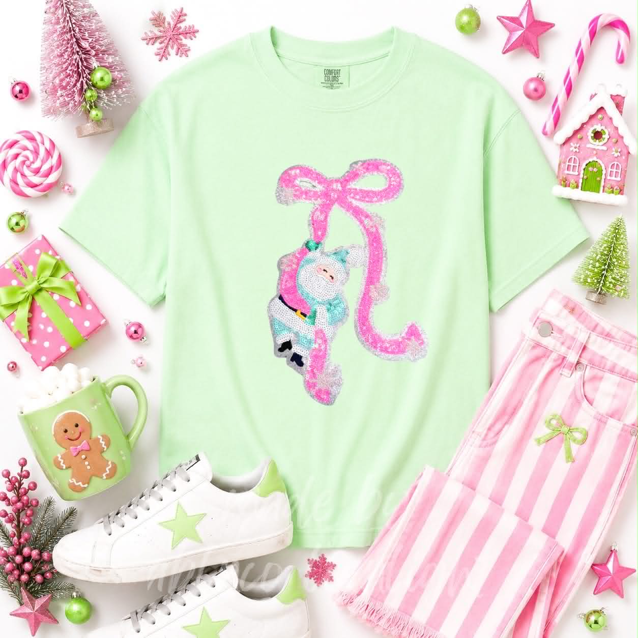 Pink Santa Bow Christmas Sequin Patch Tshirt