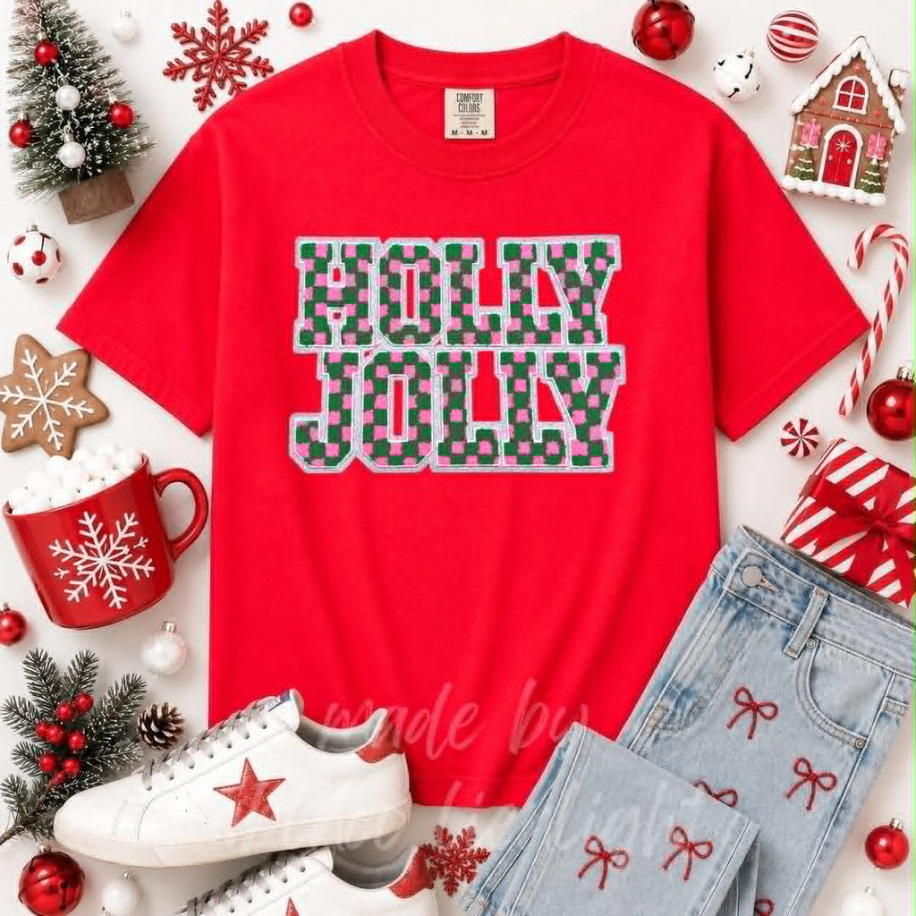 Checkered Holly Jolly Christmas Sequin Patch Tshirt