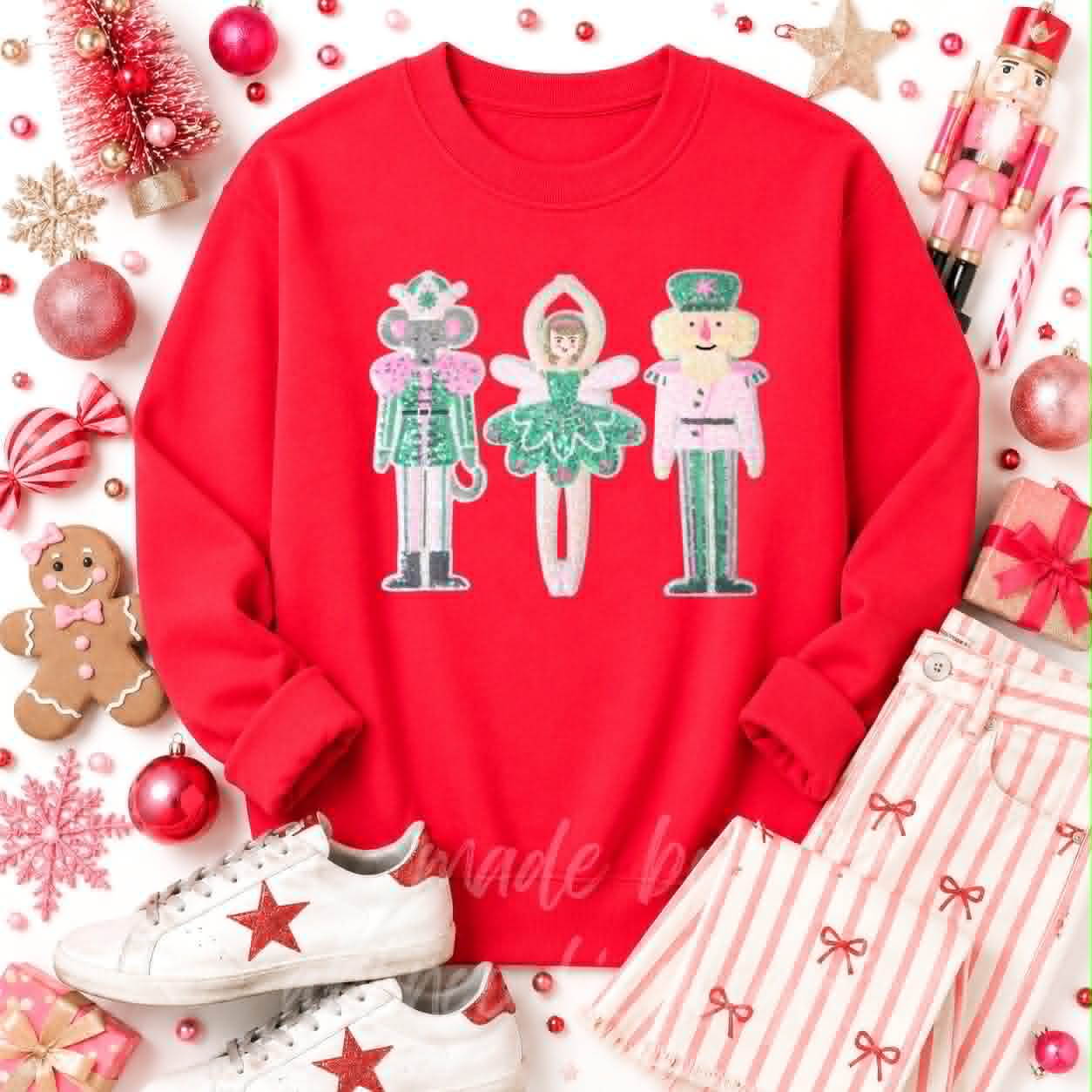 Nutcracker Ballerina Trio Christmas Sequin Patch Sweatshirt