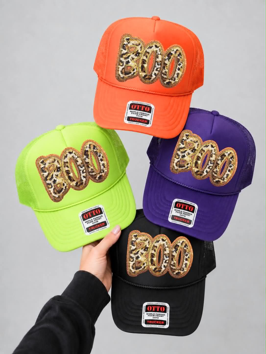 Cheetah Boo Halloween Sequin Patch Otto Trucker Hat