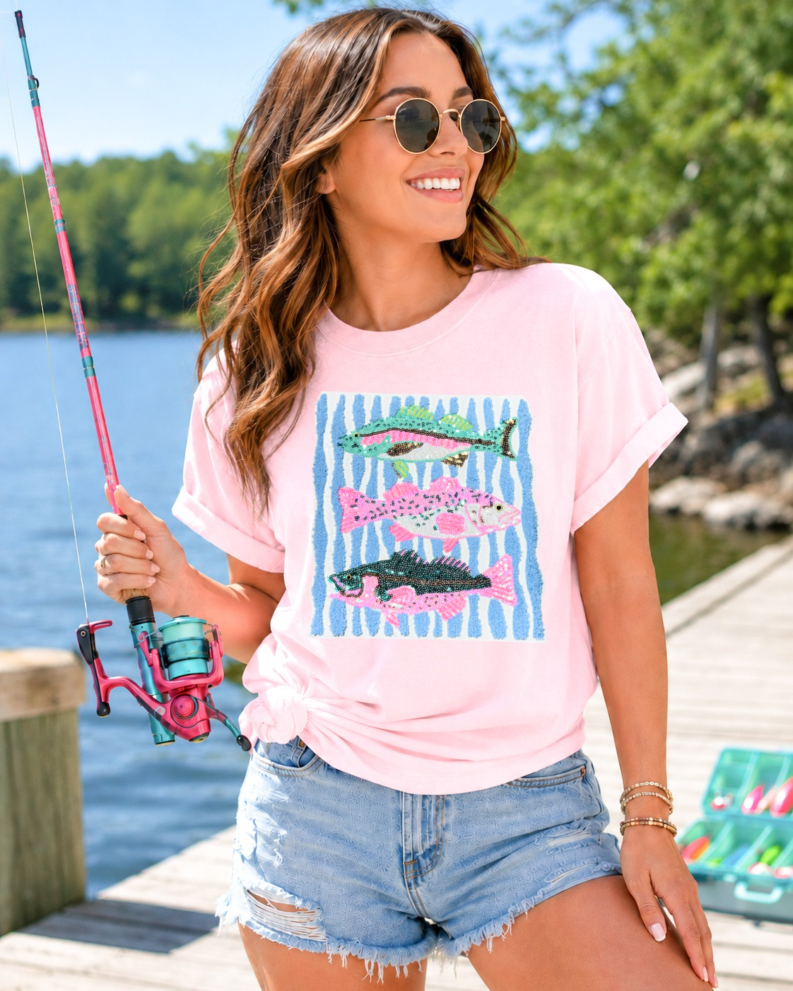 Pink & Teal Fish Trio Summer Sequin Patch Tshirt