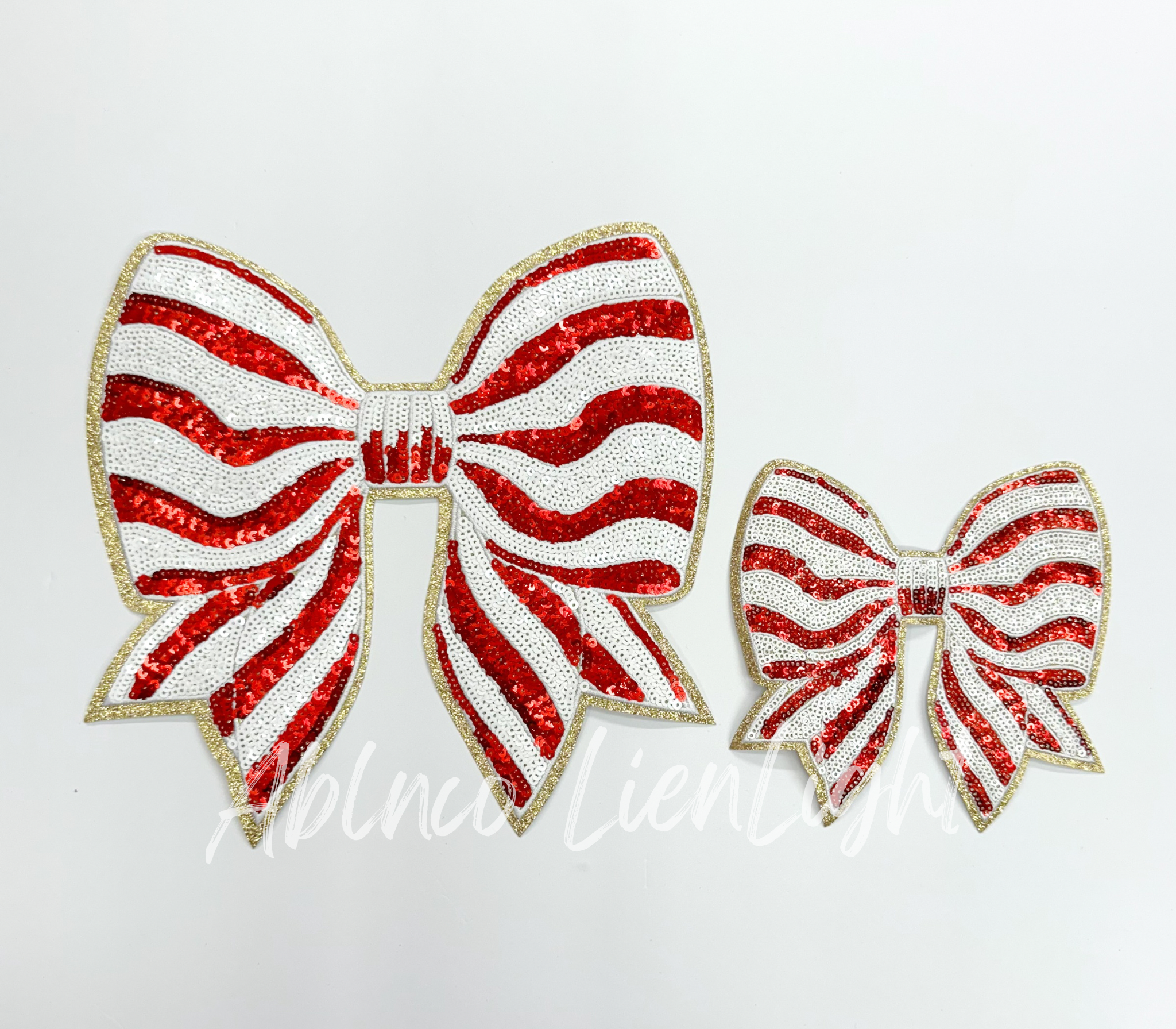 Red Stripe Bow Christmas Sequin Patch - Large