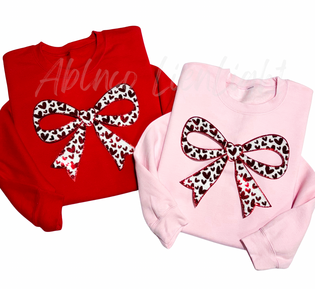 Red Hearts Dainty Bow Valentines Day Sequin Patch Sweatshirt