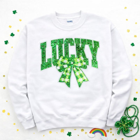 Lucky Green Checkered Bow St Patricks Day Sequins Patch Sweatshirt